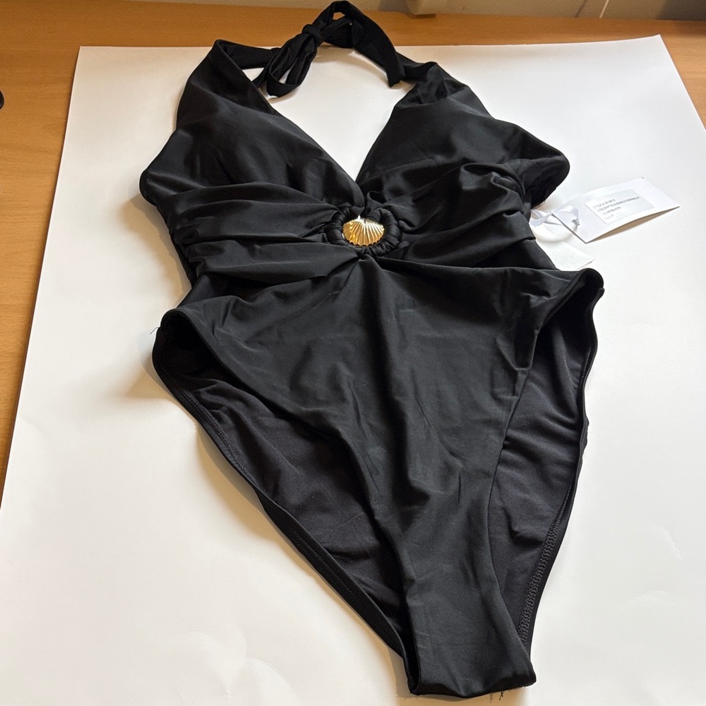 Torn by Ronny Kobo Black Halter Swimsuit with Gold Accent